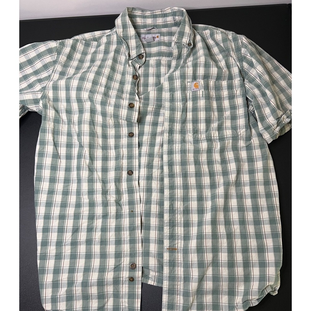 Carhartt Men Shirt Size Medium Button Down Relaxed Fit Plaid Short Sleeve Green